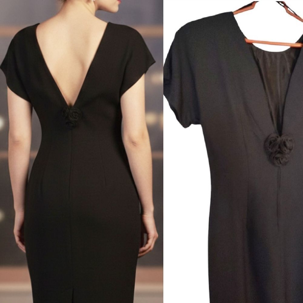 VTG Black Low Back Rosette Midi Sheath Dress Deadstock SZ 14 *Fits like Large
